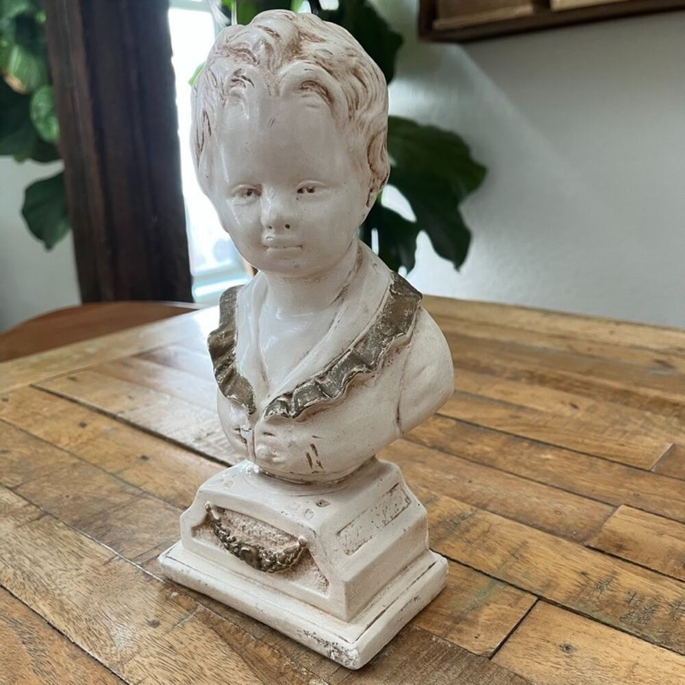 Vintage Chalkware Bust of Young Boy Gold Accents 9.5 in on Pedestal Base